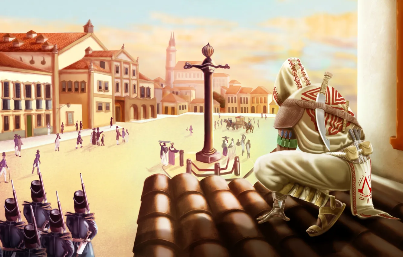 Фото обои крыша, дома, солдаты, assassins creed, ассасин, assassin, brazil, концепт-арт