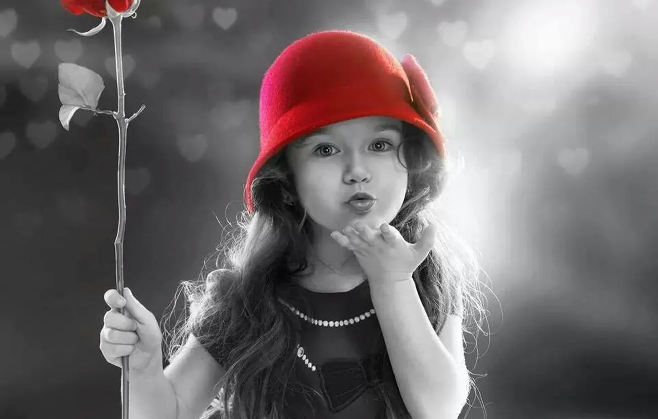 Фото обои red, girl, rose, black, kiss, child