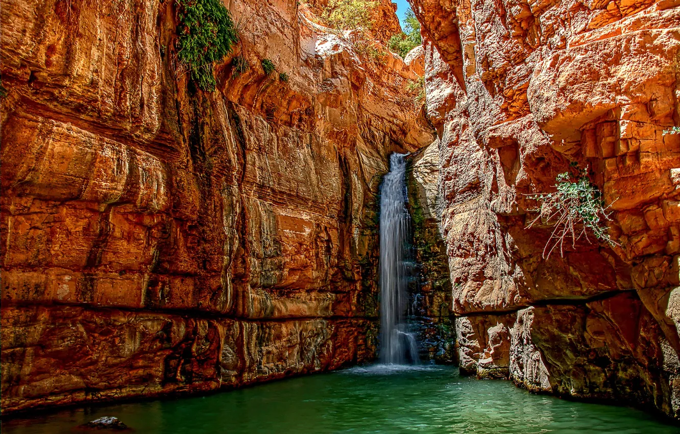 Фото обои вода, скалы, водопад, поток, ущелье, Израиль