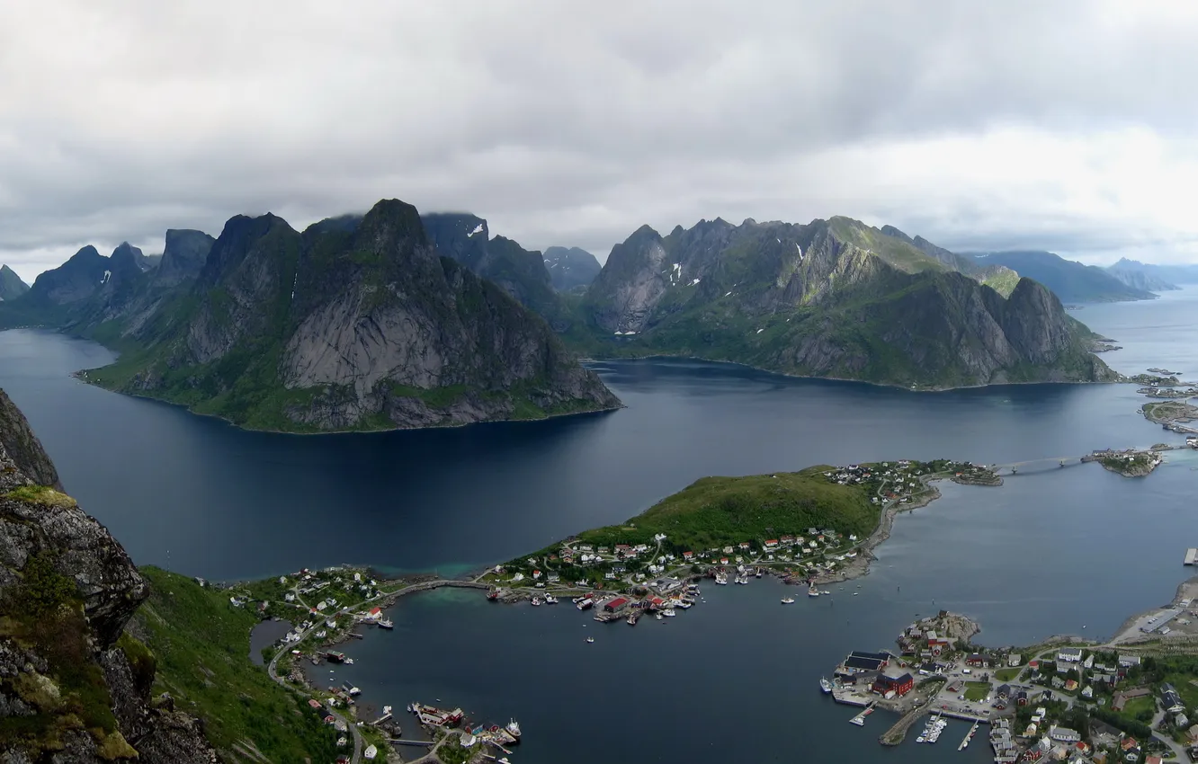 Фото обои острова, горы, Норвегия, мосты, Norway, islands, городок., Лофотенские