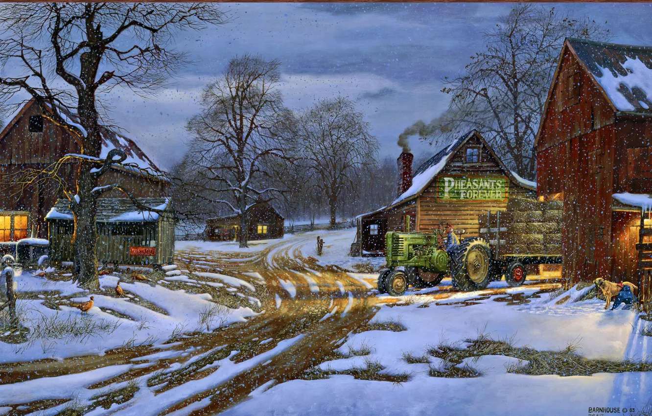 Фото обои зима, снег, дом, собака, трактор, ферма, фермер