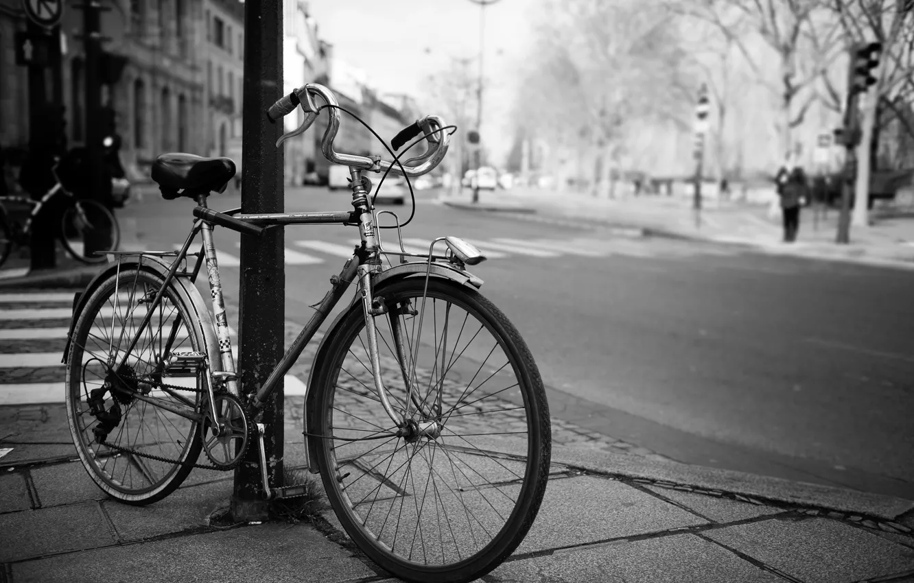 Фото обои велосипед, город, улица, черно-белое