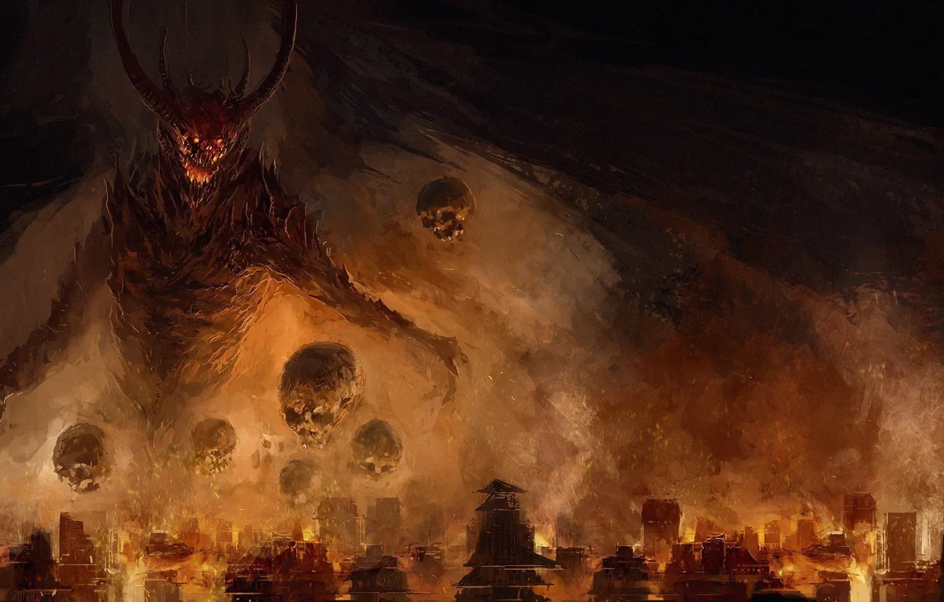 Фото обои город, крылья, демон, рога, черепа, demon, дьявол, skull