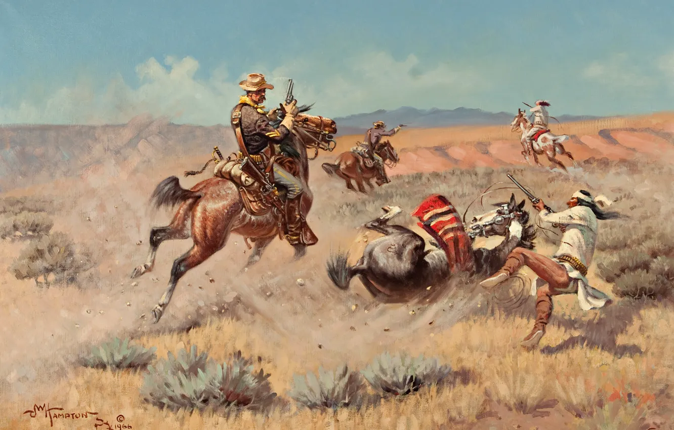Фото обои небо, горы, война, лошадь, картина, прерия, индеец, John Wade Hampton