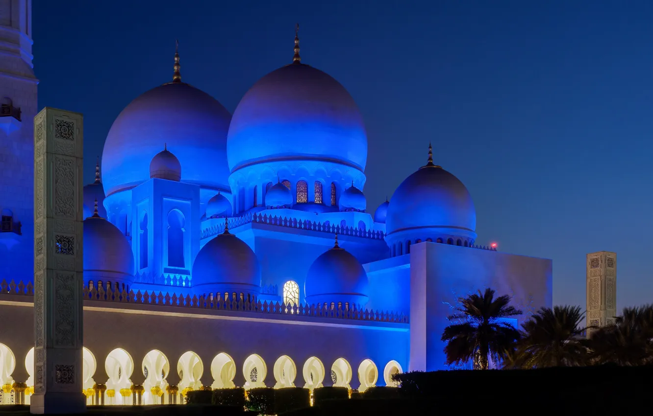 Фото обои ночь, огни, купол, Абу-Даби, мечеть шейха Зайда, ОАЄ
