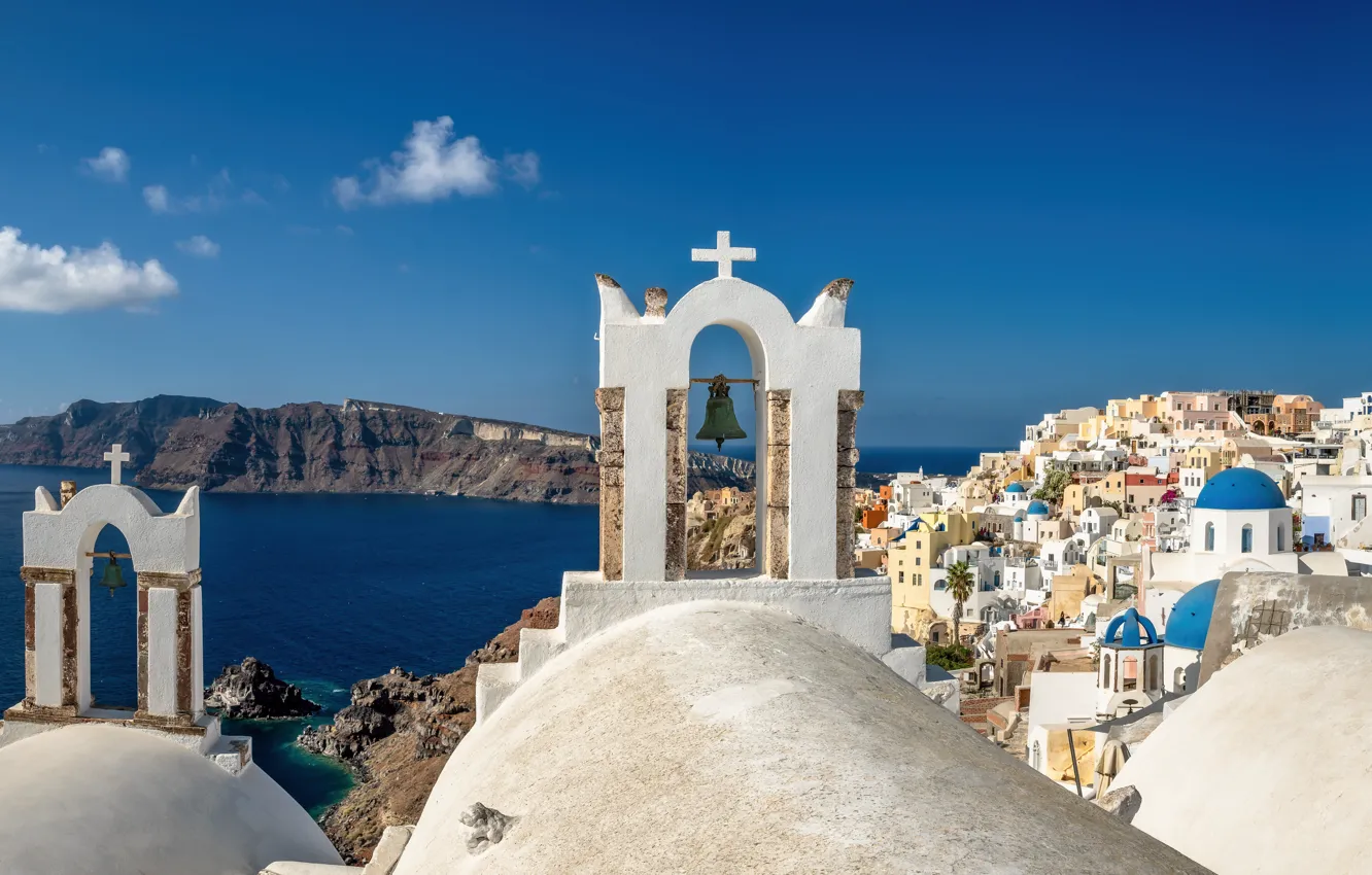 Фото обои море, горы, здания, дома, Санторини, Греция, церковь, Santorini