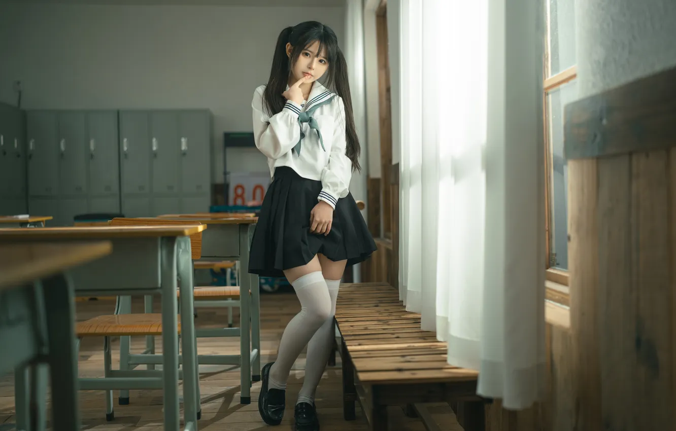 Фото обои Asian, twintails, model, women, cosplay, classroom, women indoors, Rua Ruan