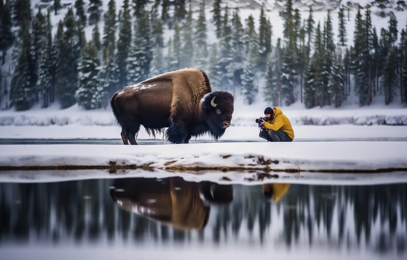 Фото обои Вода, Зима, Отражение, Деревья, Снег, Мужчина, Цифровое искусство, Бизон