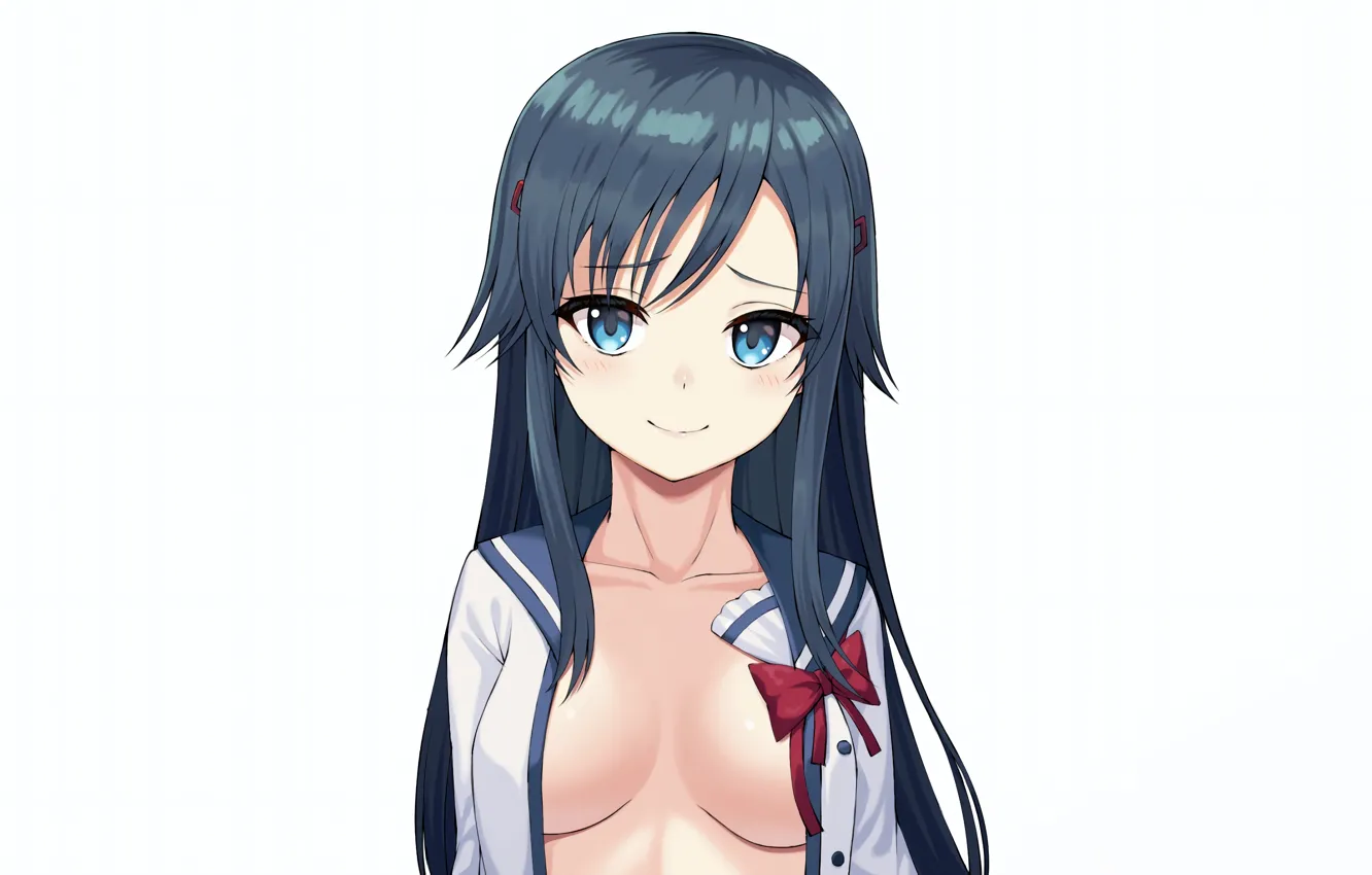 Фото обои girl, sexy, cleavage, long hair, boobs, anime, blue eyes, beautiful