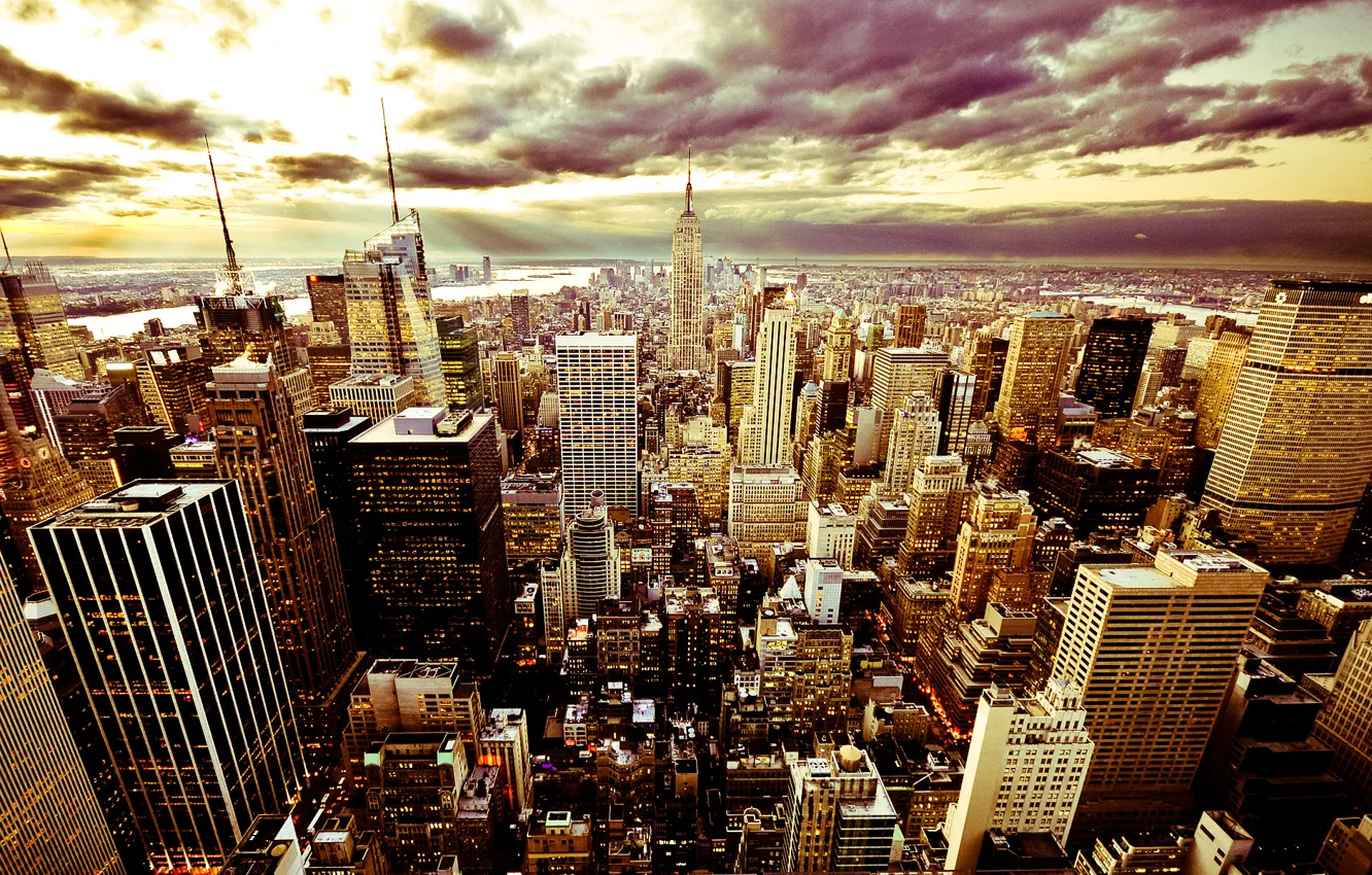 Фото обои небо, тучи, город, здания, небоскребы, вечер, красиво, америка