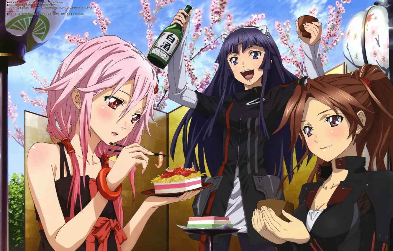 Фото обои радость, сакура, румянец, цветение, выпивка, подруги, guilty crown, розовые волосы