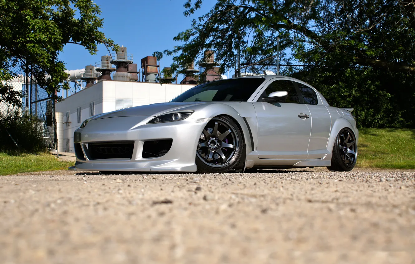 Фото обои silver, wheels, black, road, mazda, rx-8