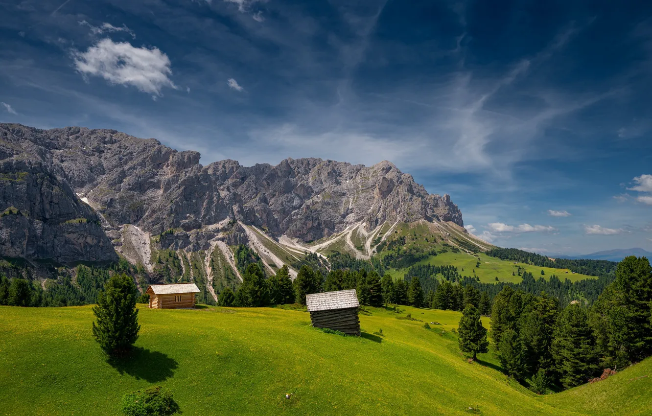 Фото обои деревья, горы, долина, Италия, домики, Italy, Доломитовые Альпы, Южный Тироль