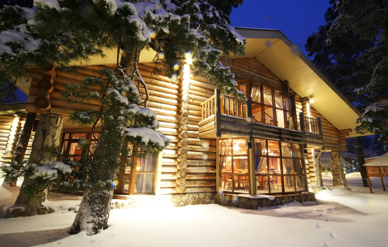 Фото обои зима, снег, дома, вечер