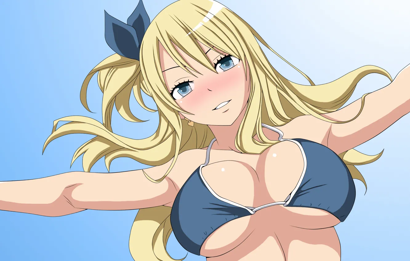 Фото обои girl, sexy, cleavage, long hair, boobs, anime, blue eyes, beautiful