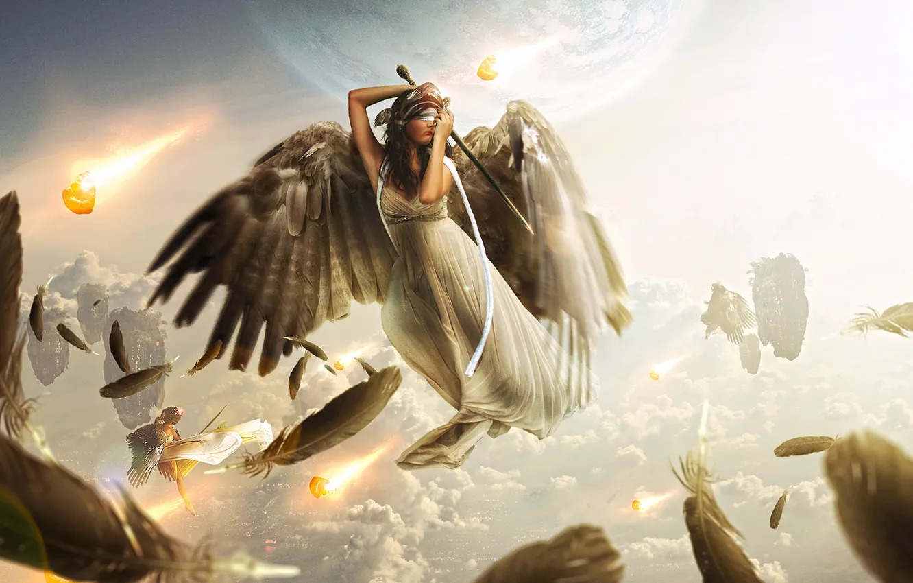 Фото обои небо, девушка, облака, планета, крылья, меч, перья, маска