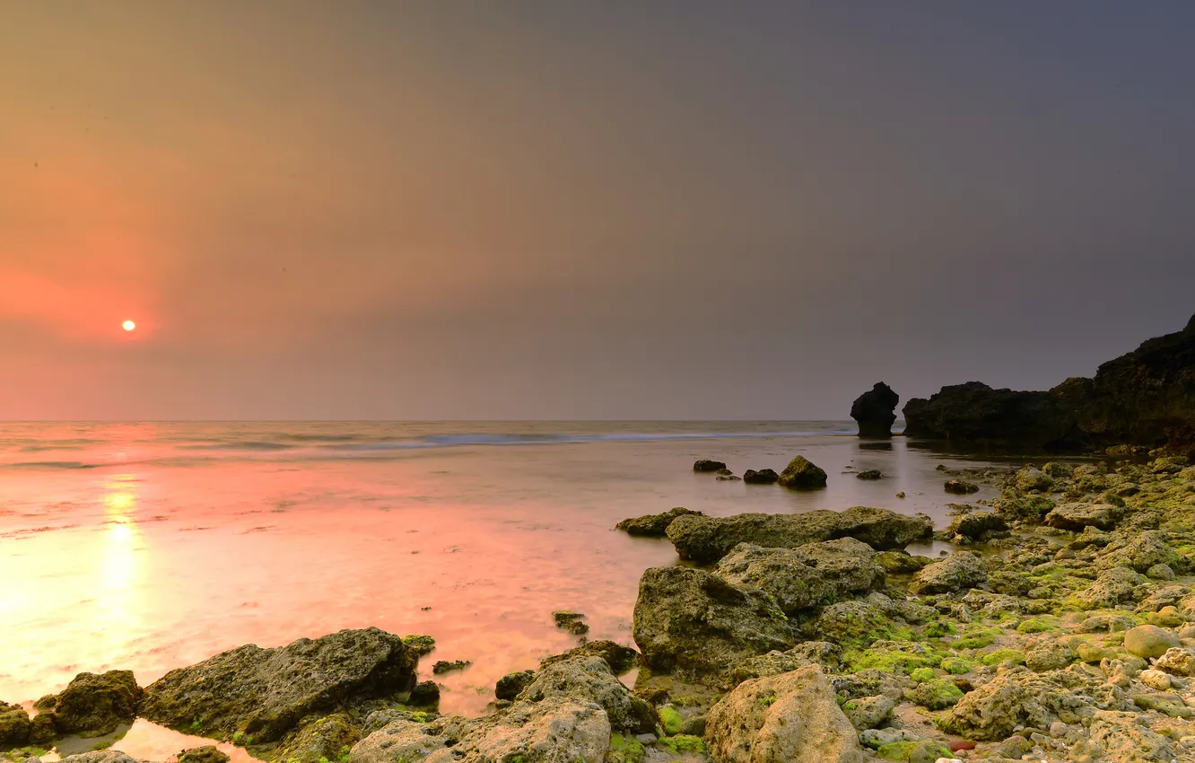 Фото обои море, камни, рассвет, берег, мох