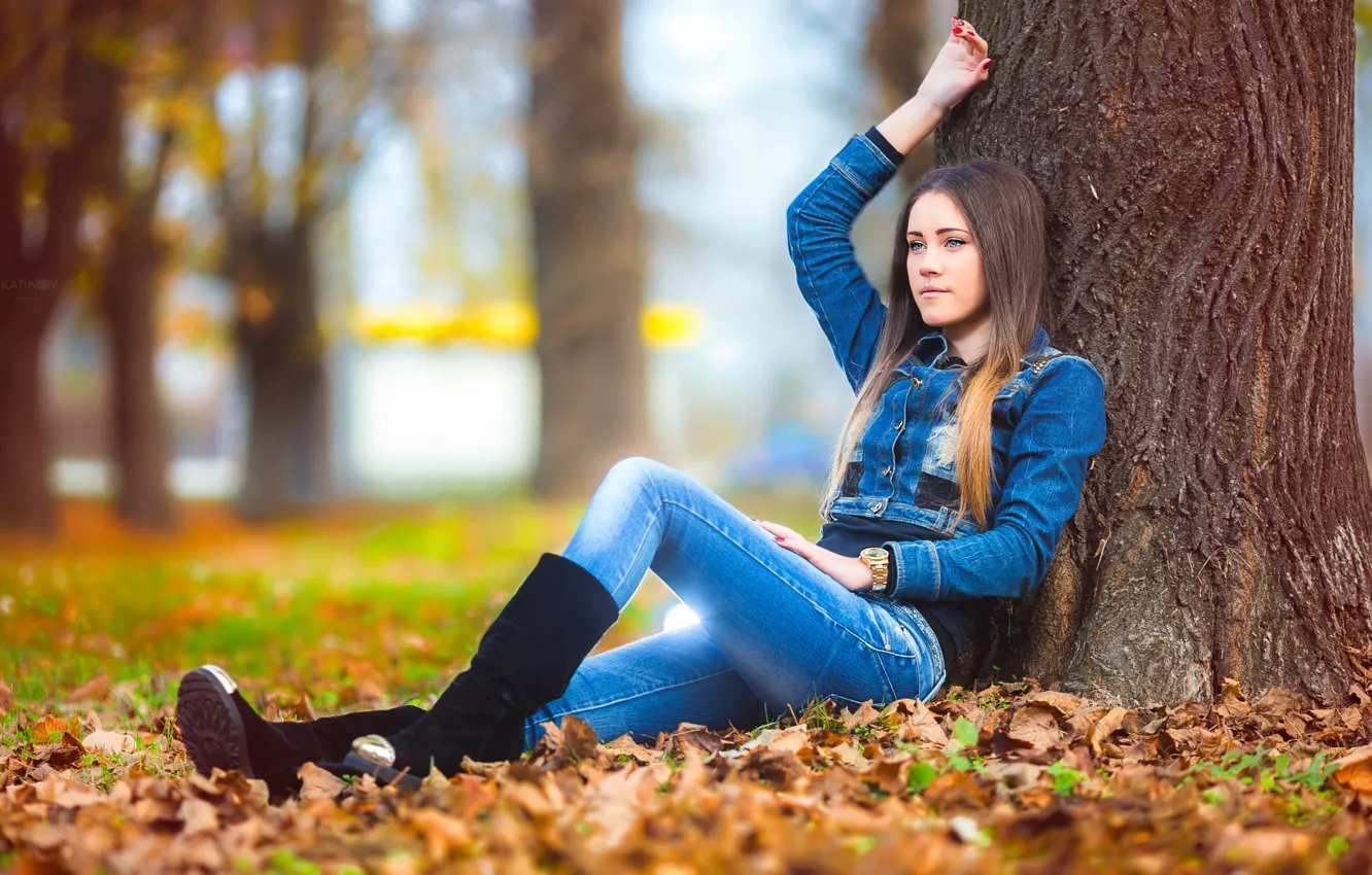 Фото обои осень, взгляд, девушка, поза, парк, дерево, милая, листва