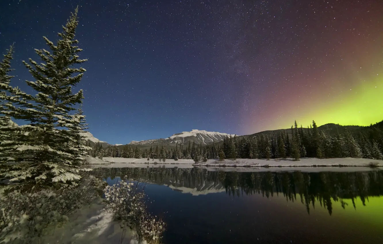 Фото обои небо, деревья, горы, озеро, отражение, северное сияние, Канада, Альберта