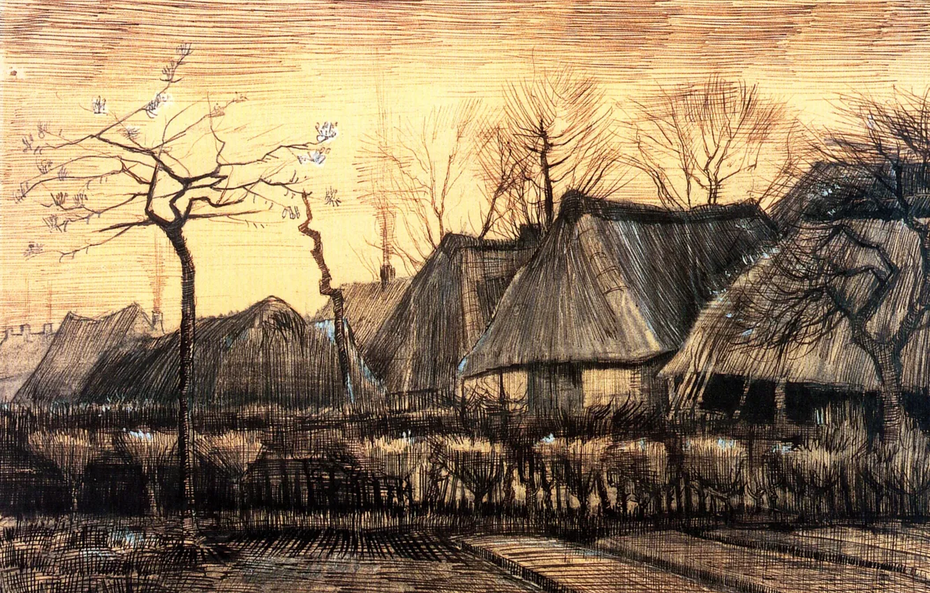 Фото обои хижины, Vincent van Gogh, Thatched Roofs, Houses with
