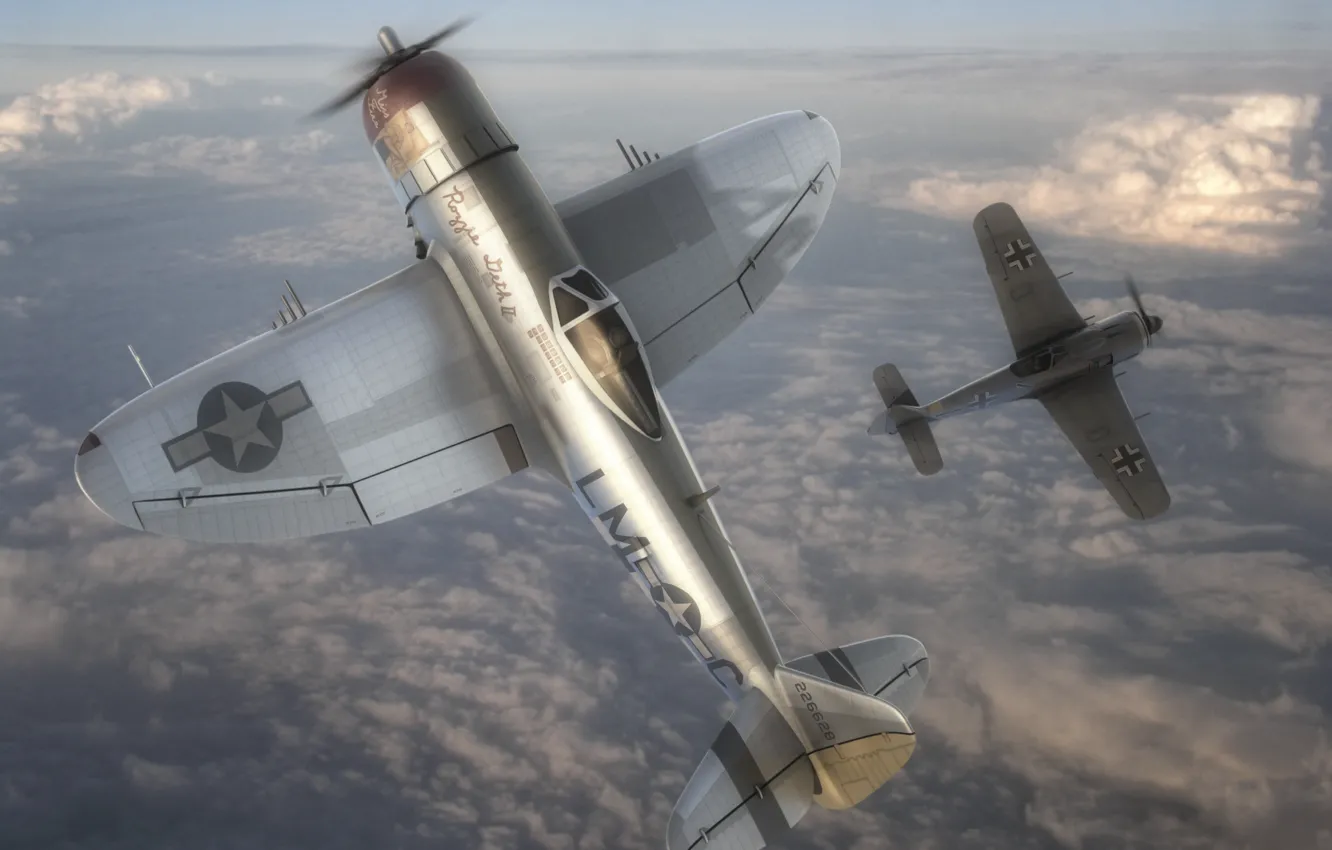 Фото обои истребитель, арт, против, американский, Вторая мировая война, P-47, воздушный бой, Focke-Wulf Fw 190 Wurger