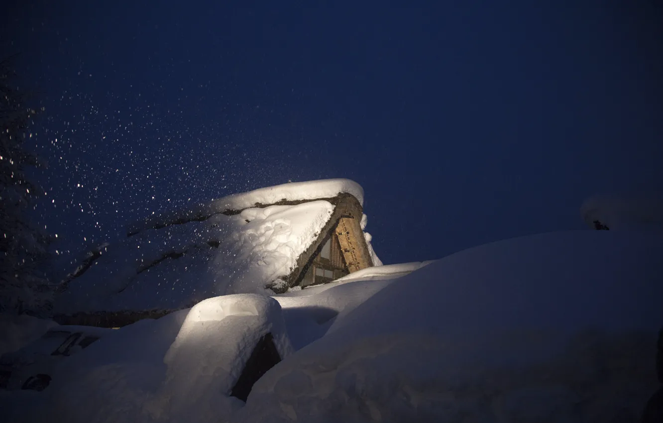 Фото обои зима, снег, ночь, дом, Япония, остров Хонсю, Гокаяма, Сиракава-го