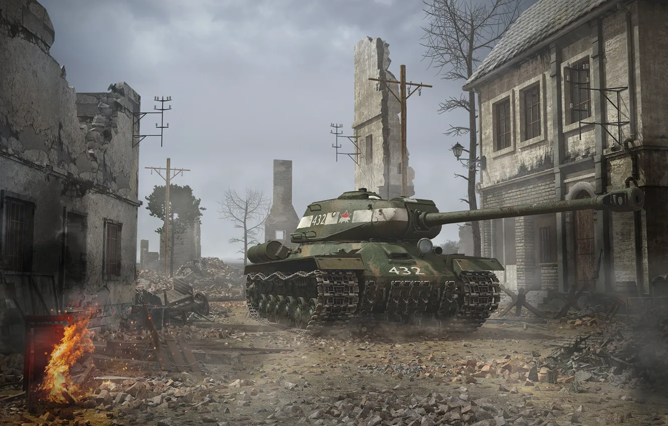 Фото обои война, дома, разруха, руины, ИС-2, тяжелый танк