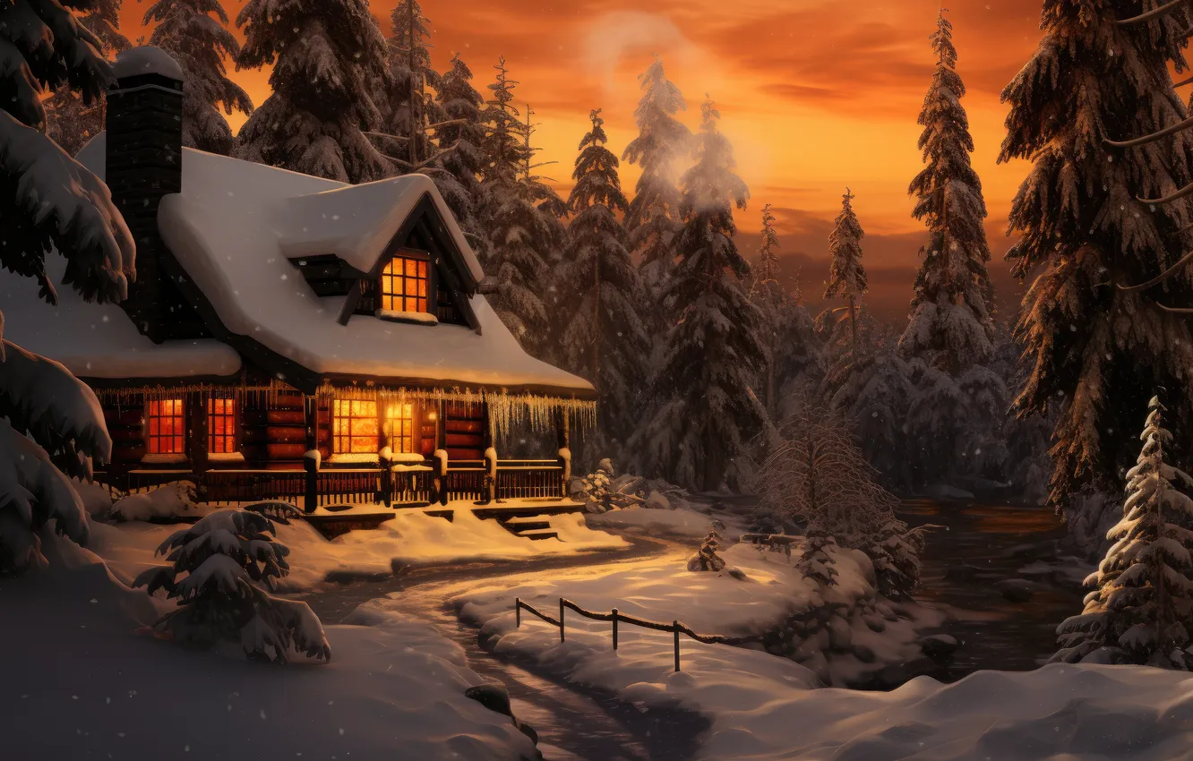 Фото обои зима, лес, снег, горы, ночь, природа, домик, house