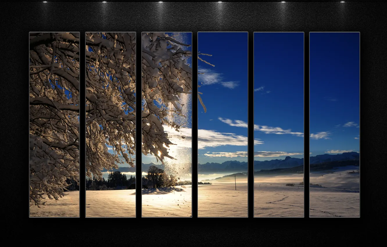 Фото обои небо, солнце, облака, свет, снег, фон, Зима, сегмент