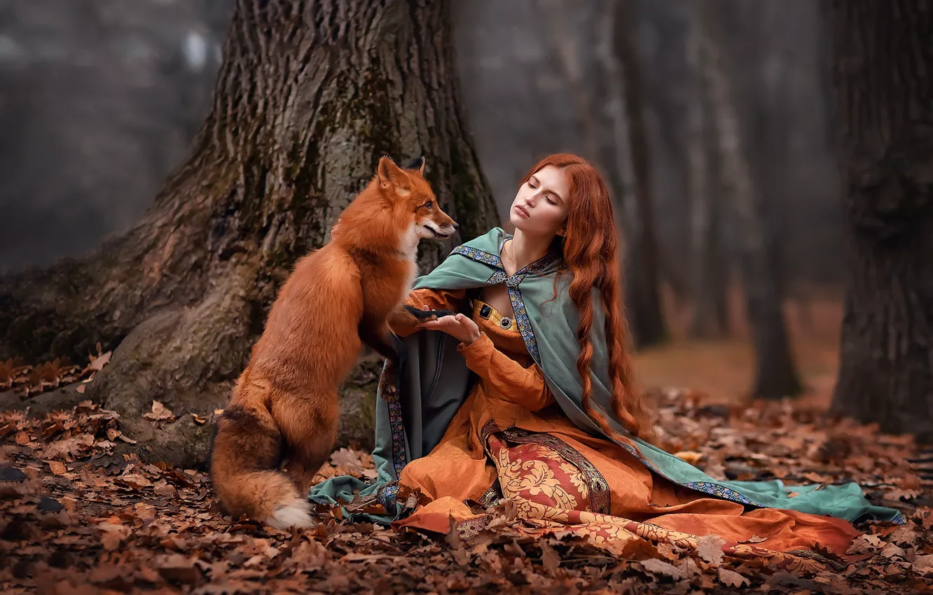 Фото обои девушка, деревья, поза, волосы, лиса, коса, рыжая, Анастасия Бармина