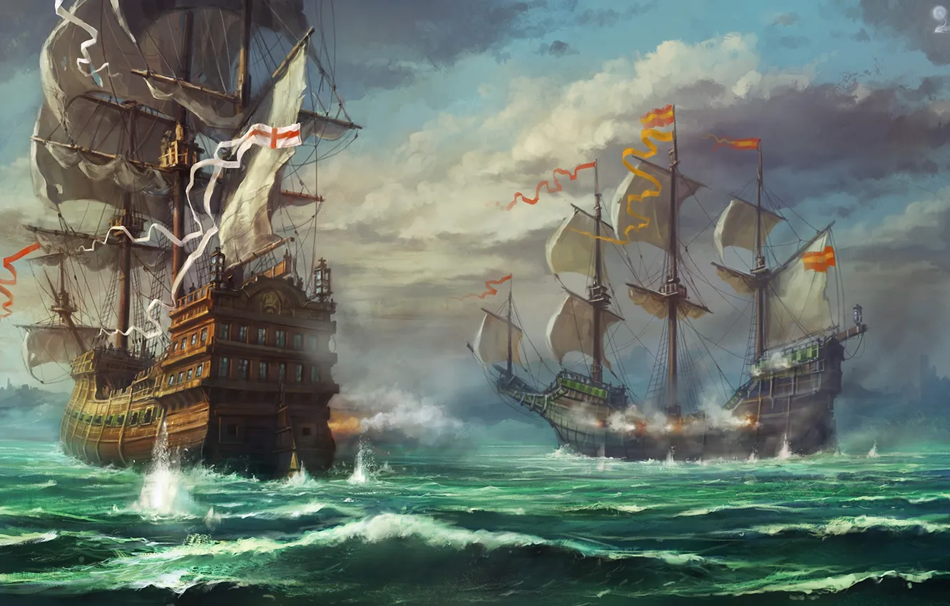Фото обои море, облака, тучи, парусник, корабли, пушки, арт, стрельба