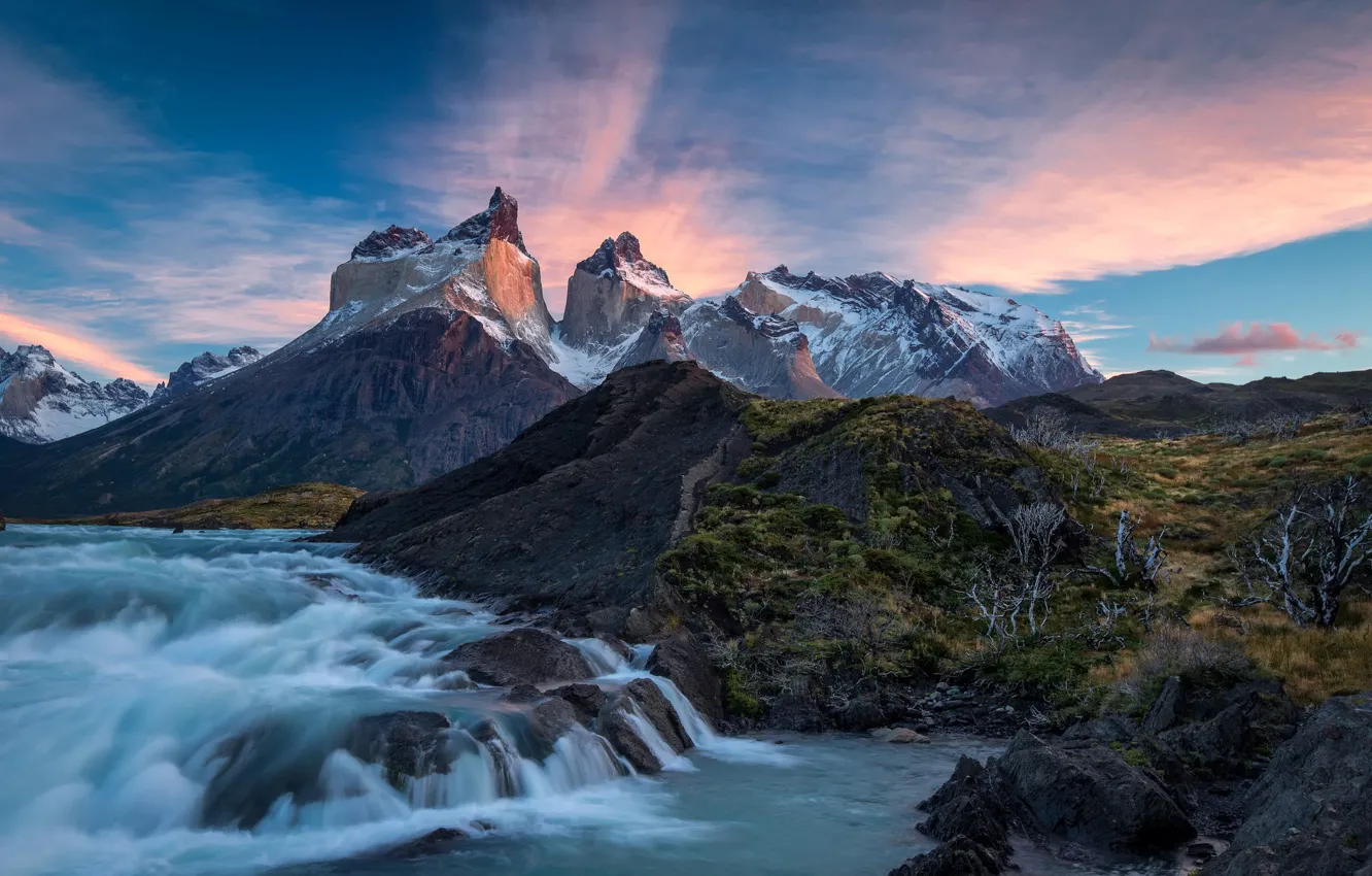 Фото обои облака, горы, природа, река, восход, Чили, Chile, Национальный парк