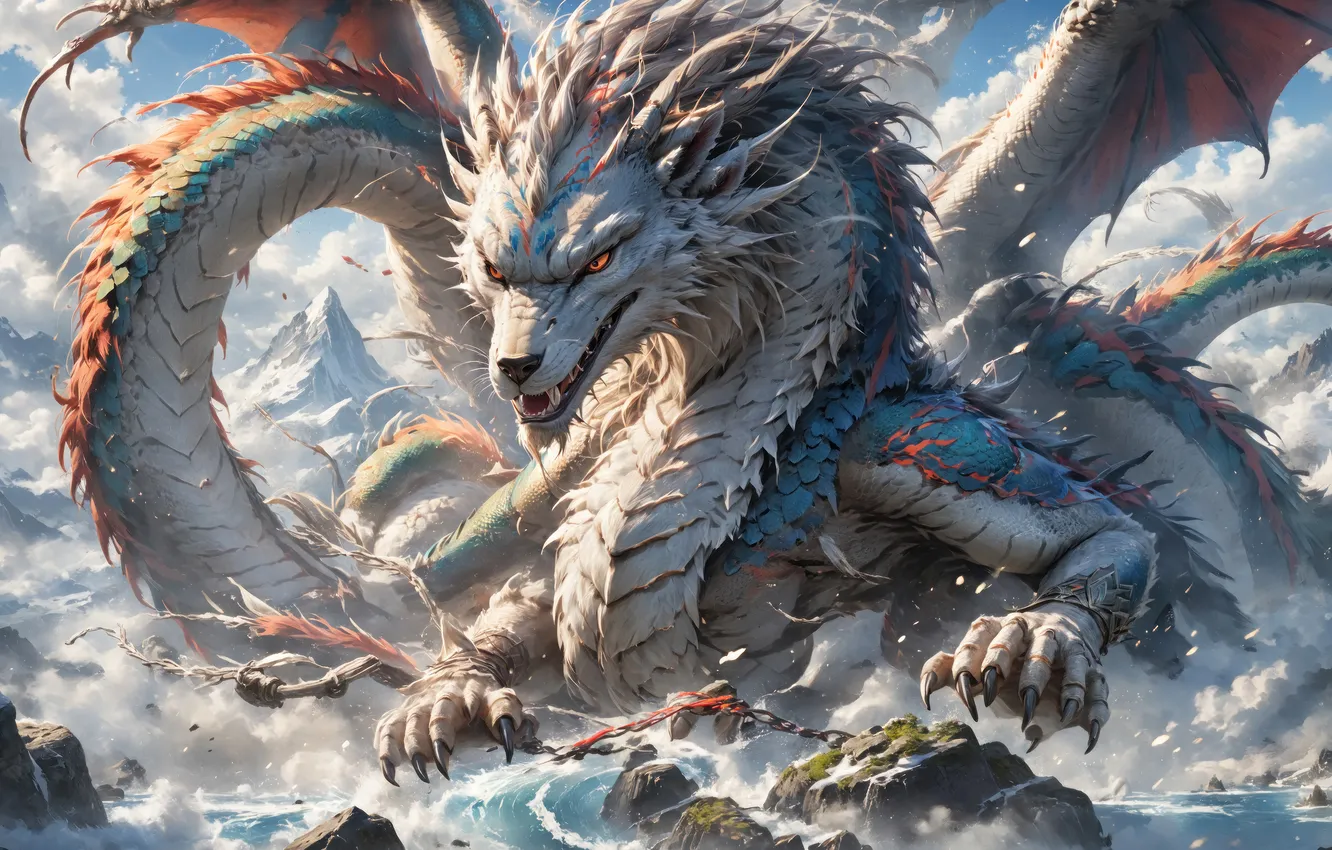 Фото обои Fantasy, Dragon, AI Art, AI Generated, White Dragon