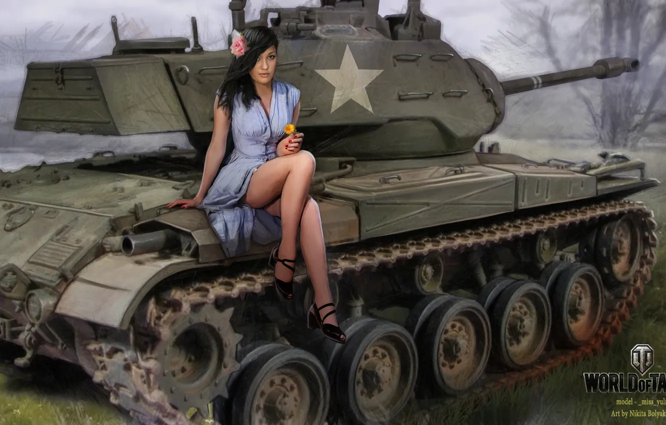 Фото обои цветок, девушка, танк, girl, танки, WoT, Мир танков, tank