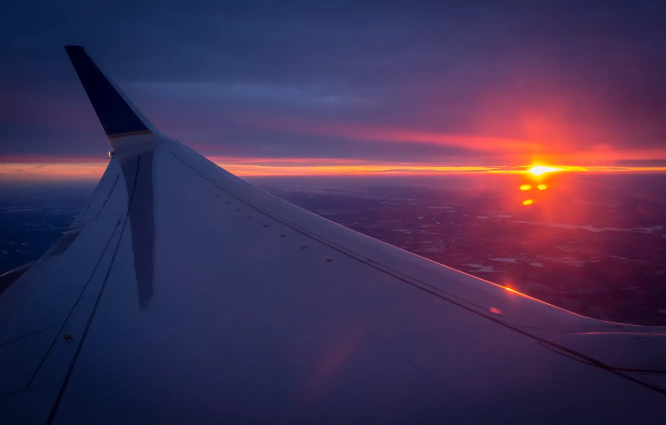 Фото обои солнце, горизонт, самолёт, вид сверху, kрыло