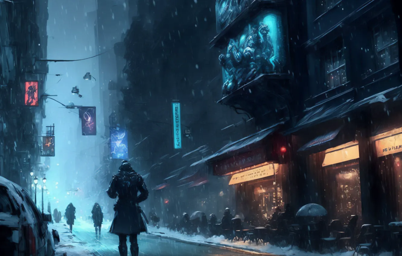 Фото обои зима, снег, город, люди, пасмурно, киберпанк, снегопад, Blade Runner