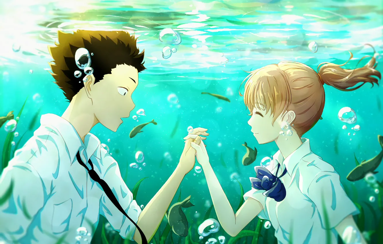 Фото обои девушка, рыбки, романтика, Аниме, парень, под водой, 2016, Koe no Katachi