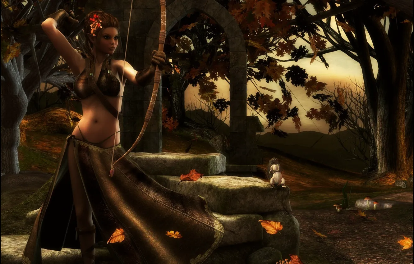 Фото обои осень, девушка, деревья, камни, лук, лучница, белка, арт