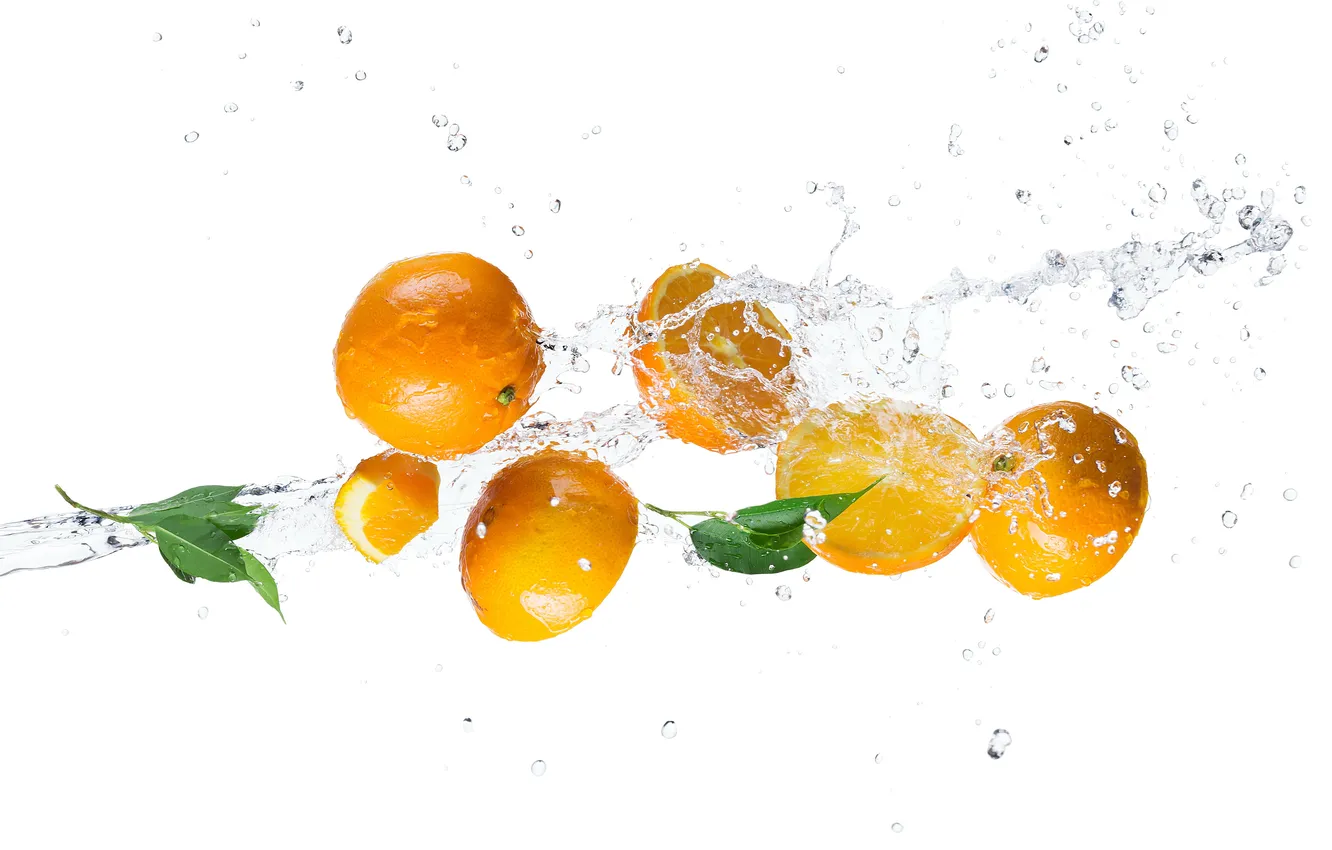 Фото обои вода, капли, брызги, апельсин, цитрусы, дольки