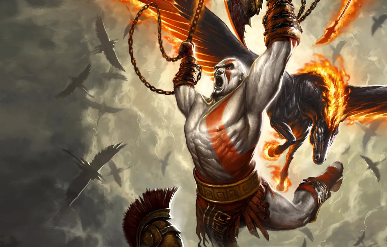 Фото обои пламя, конь, крылья, Игра, воин, арт, цепь, God of War