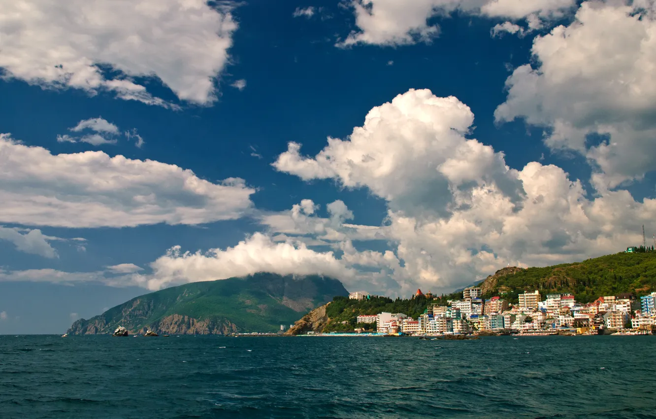 Фото обои море, лето, облака, побережье, Крым, Медведь гора