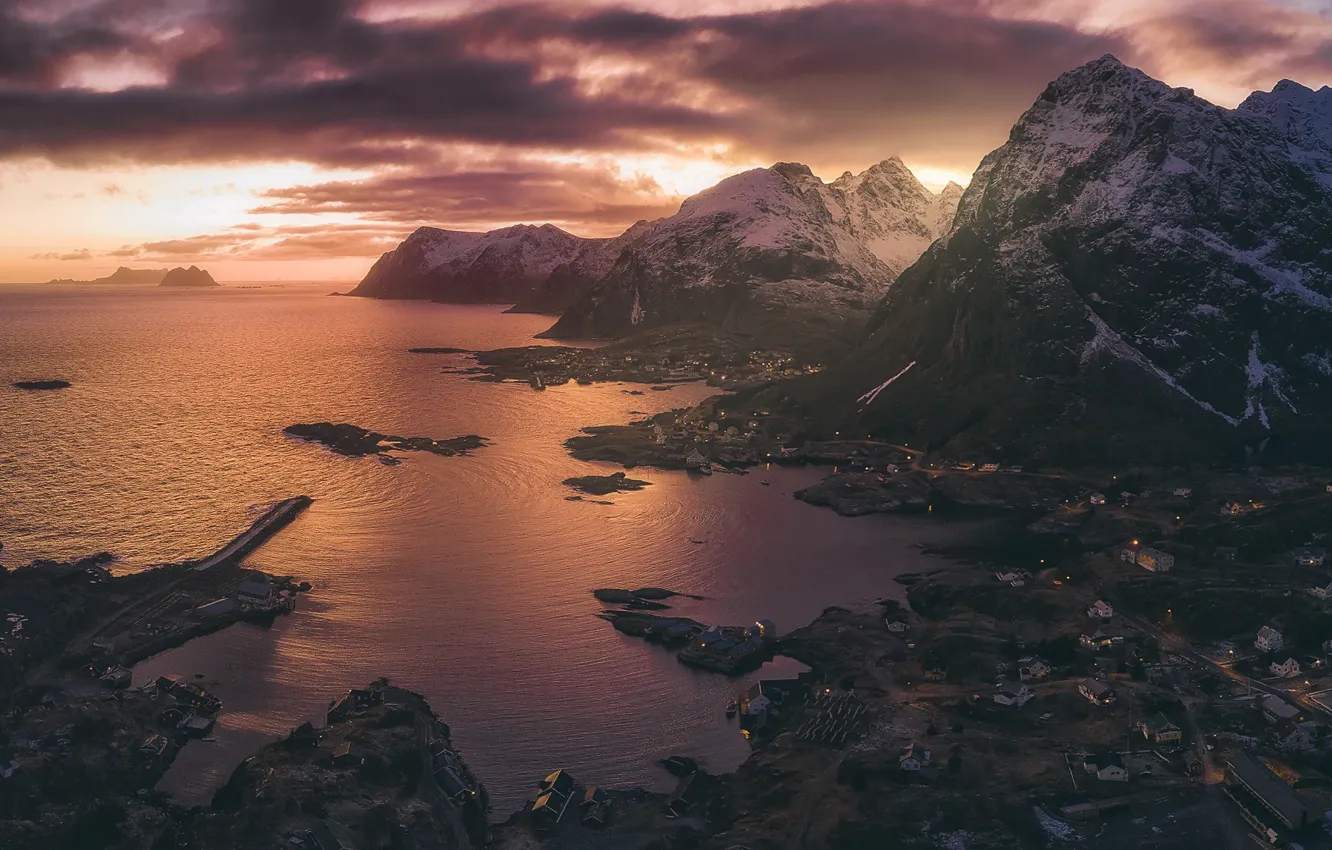 Фото обои море, небо, свет, Норвегия, городок, деревушка, фьорды