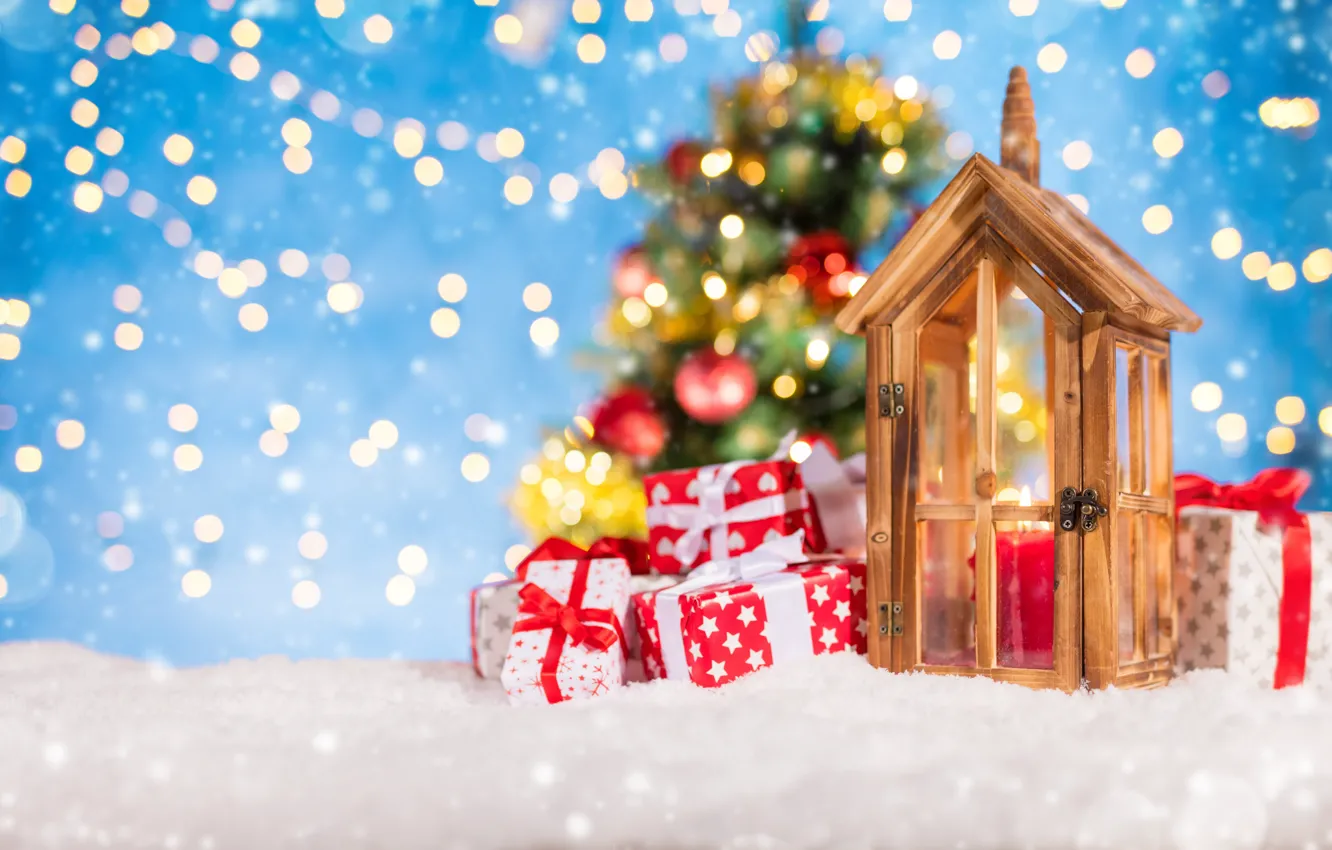 Фото обои зима, снег, украшения, снежинки, елка, Новый Год, Рождество, фонарь