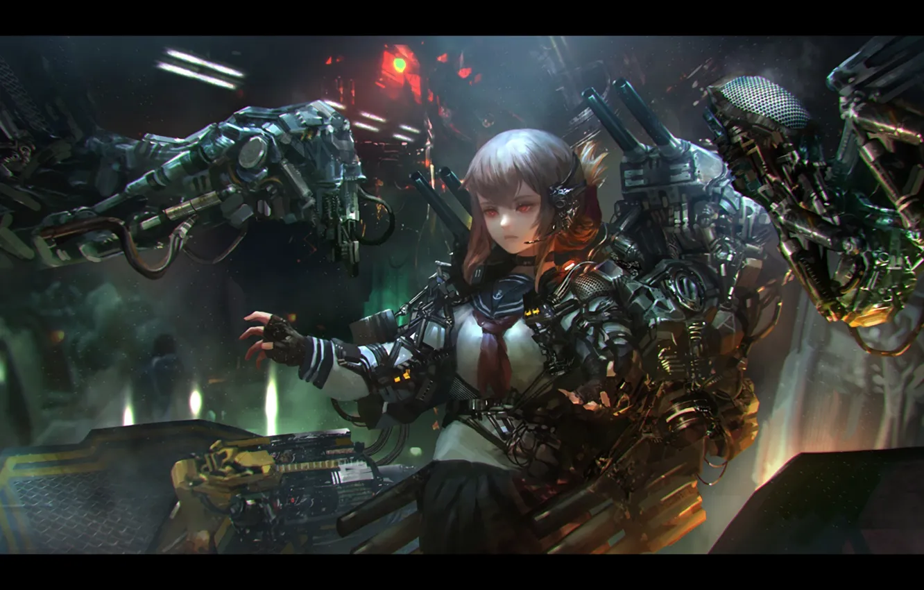 Фото обои девушка, оружие, робот, аниме, арт, микрофон, форма, школьница