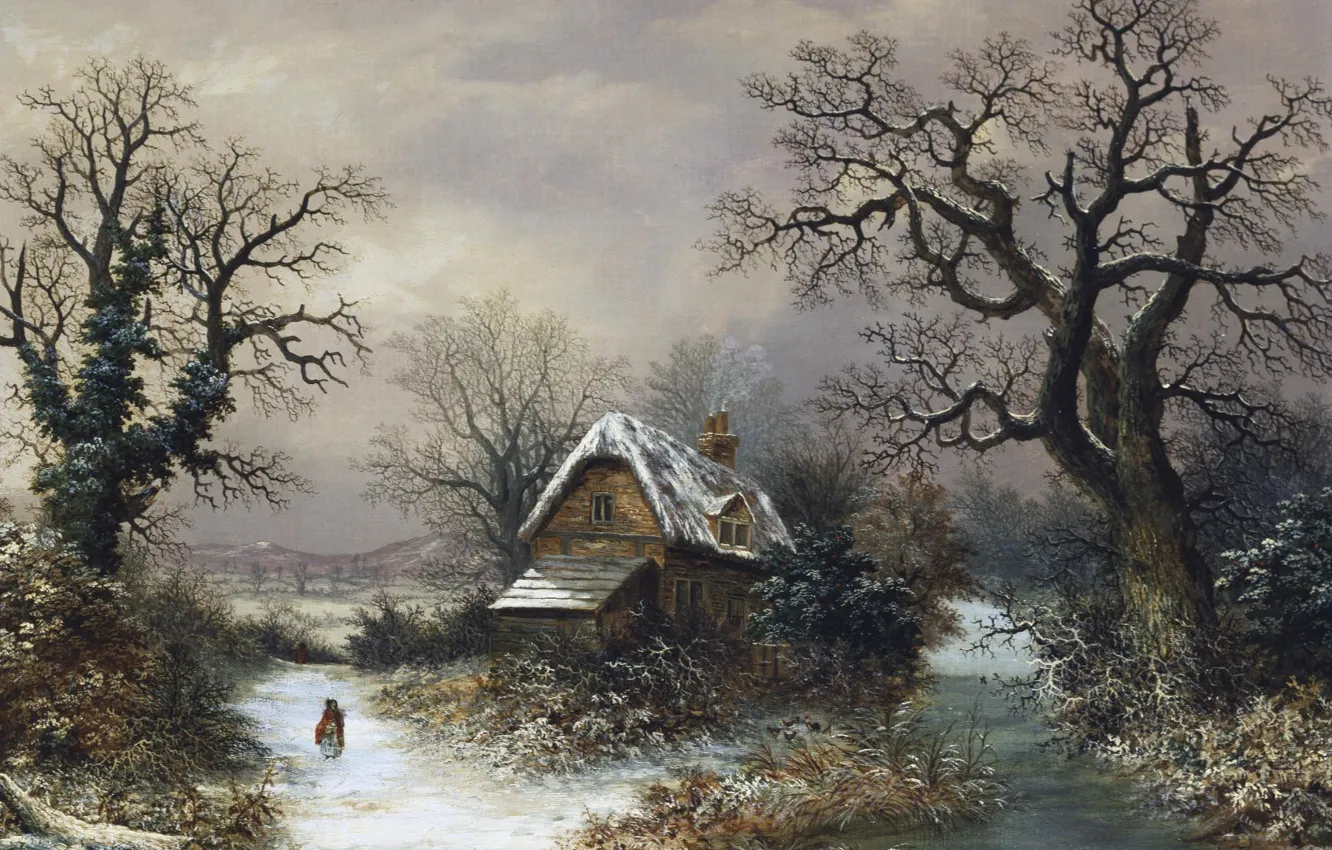 Фото обои зима, деревья, пейзаж, дом, арт