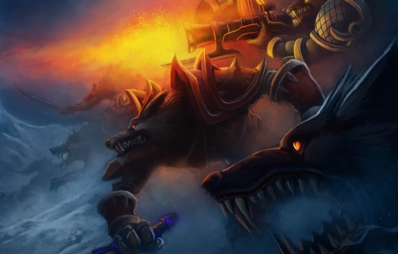 Фото обои снег, оружие, войны, арт, волки, World of Warcraft Tribute, Rise of Lycans