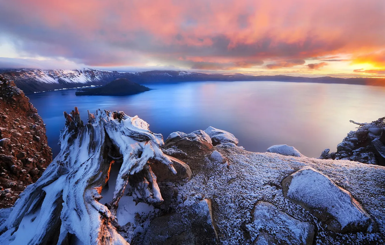Фото обои горы, озеро, рассвет, USA, кратер, Oregon, Crater Lake