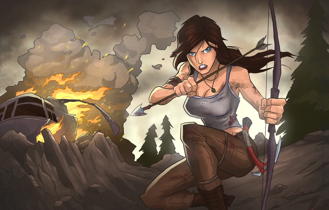 Фото обои взгляд, девушка, самолет, огонь, дым, арт, Tomb Raider, лара крофт