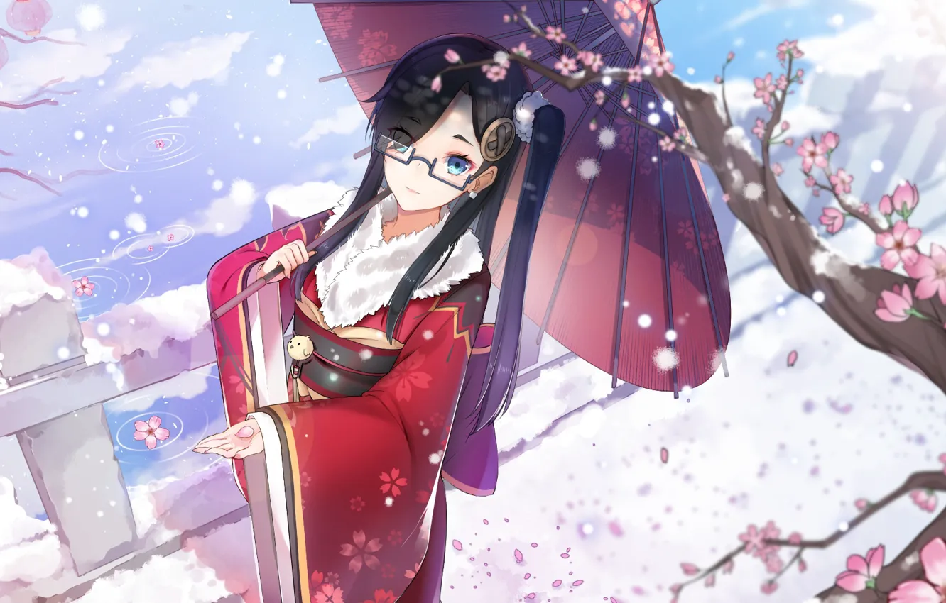 Фото обои снег, мост, река, зонт, сакура, очки, девочка, мех