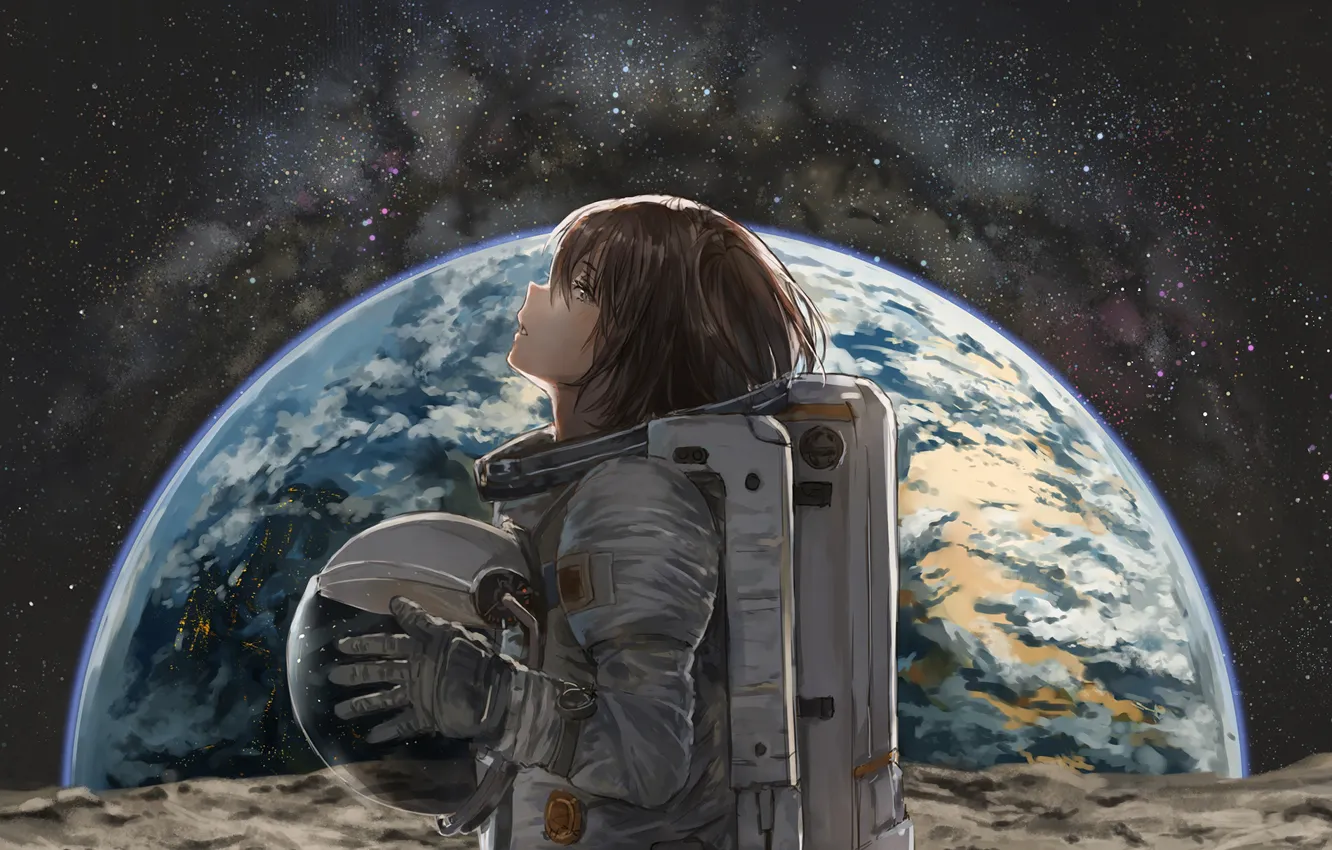 Фото обои девушка, космос, фантастика, космонавт, Земля